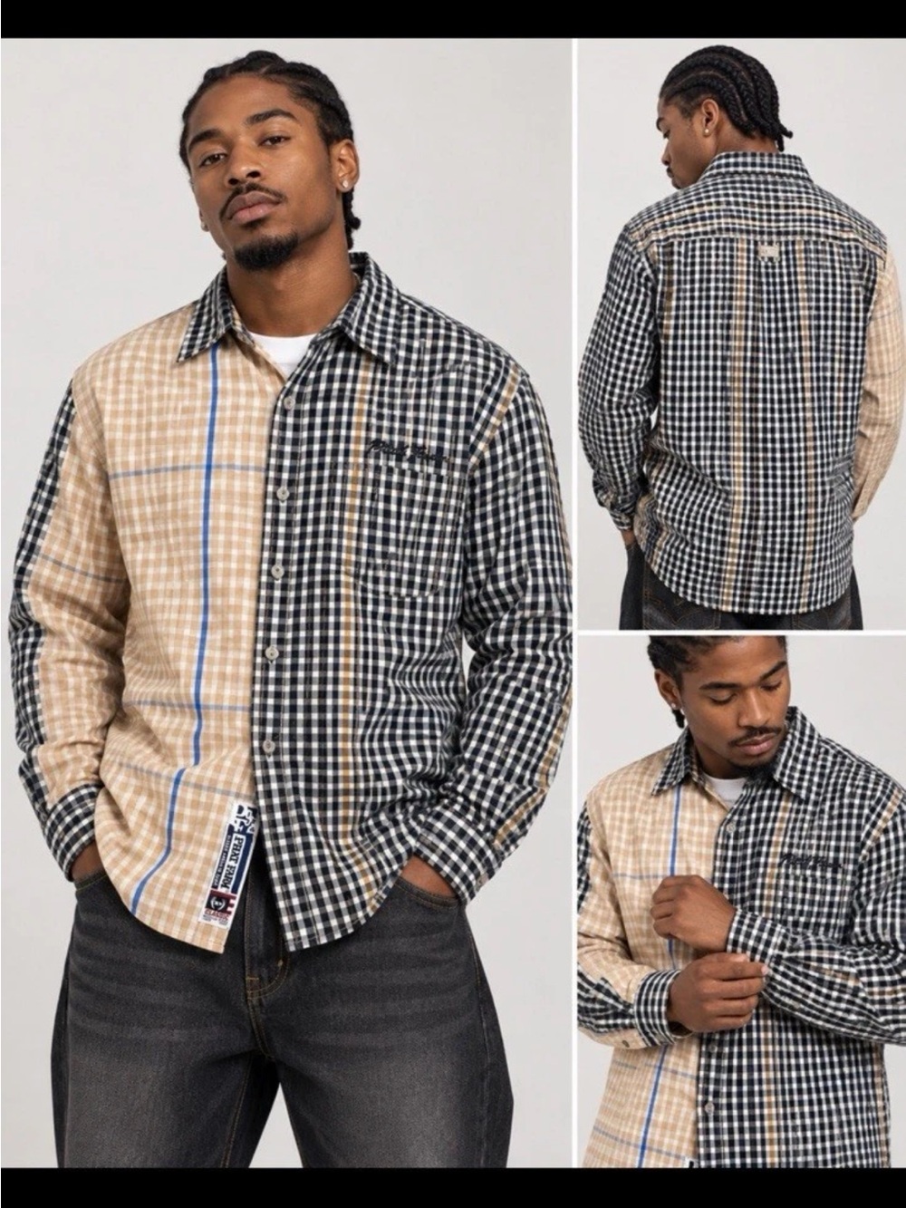 Phat Farm Two-Tone Gingham Button-Down Shirt - Beige & Black